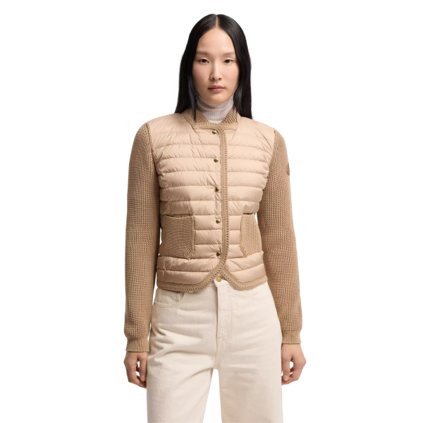 Cardigan matelassé MONCLER bi matière coton beige bouton pression