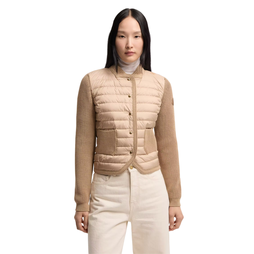 Cardigan matelassé MONCLER bi matière coton beige bouton pression