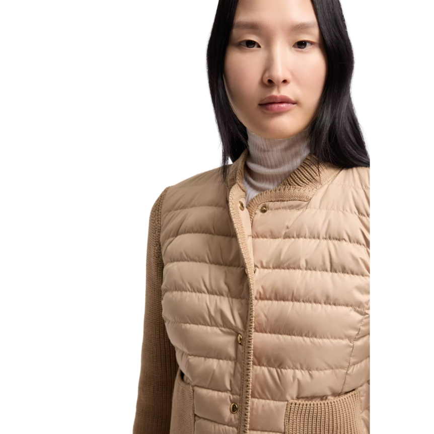 Cardigan matelassé MONCLER bi matière coton beige bouton pression
