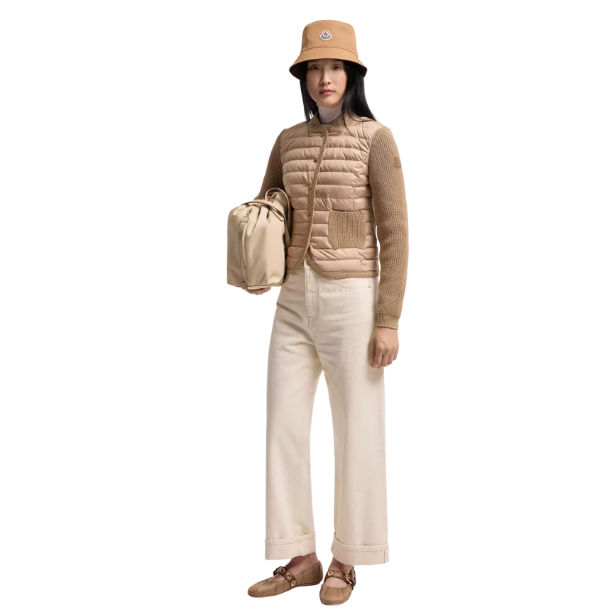 Cardigan matelassé MONCLER bi matière coton beige bouton pression