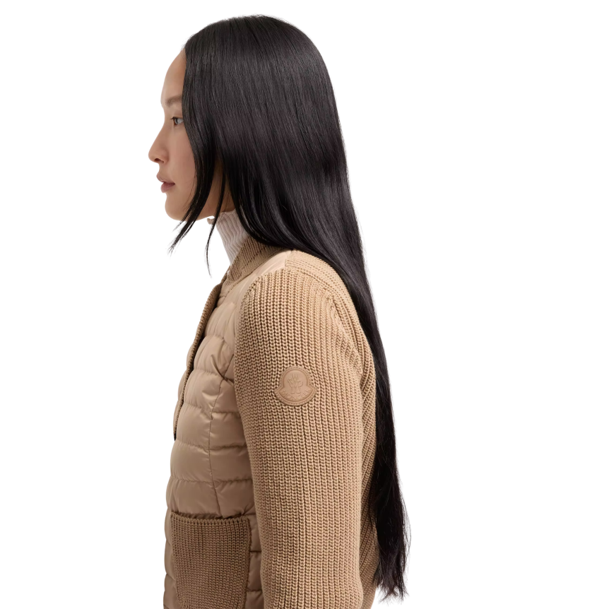 Cardigan matelassé MONCLER bi matière coton beige bouton pression