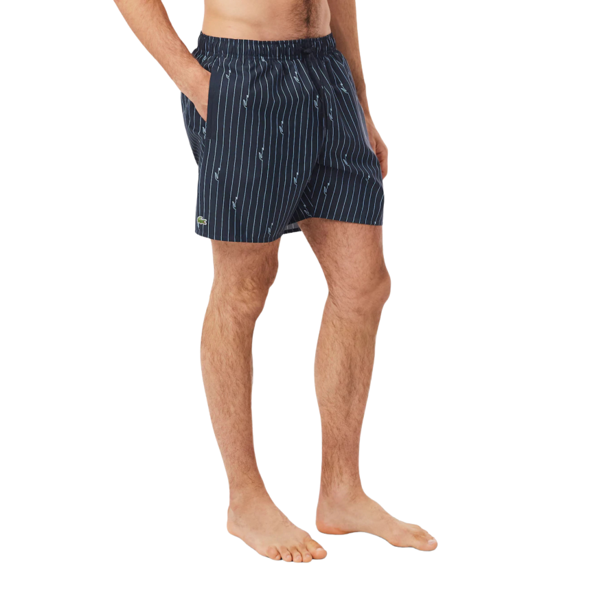 Short de bain LACOSTE mi-long noir imprimé crocodile bleu ciel