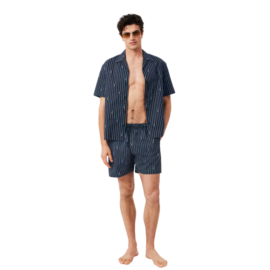 Short de bain LACOSTE mi-long noir imprimé crocodile bleu ciel