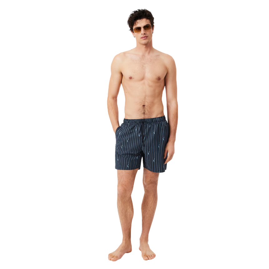 Short de bain LACOSTE mi-long noir imprimé crocodile bleu ciel