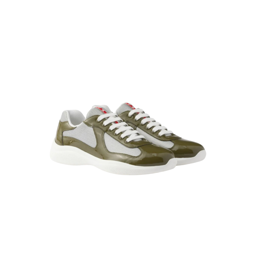 Basket basse Sneaker PRADA America’s Cup cuir verni kaki tissu technique