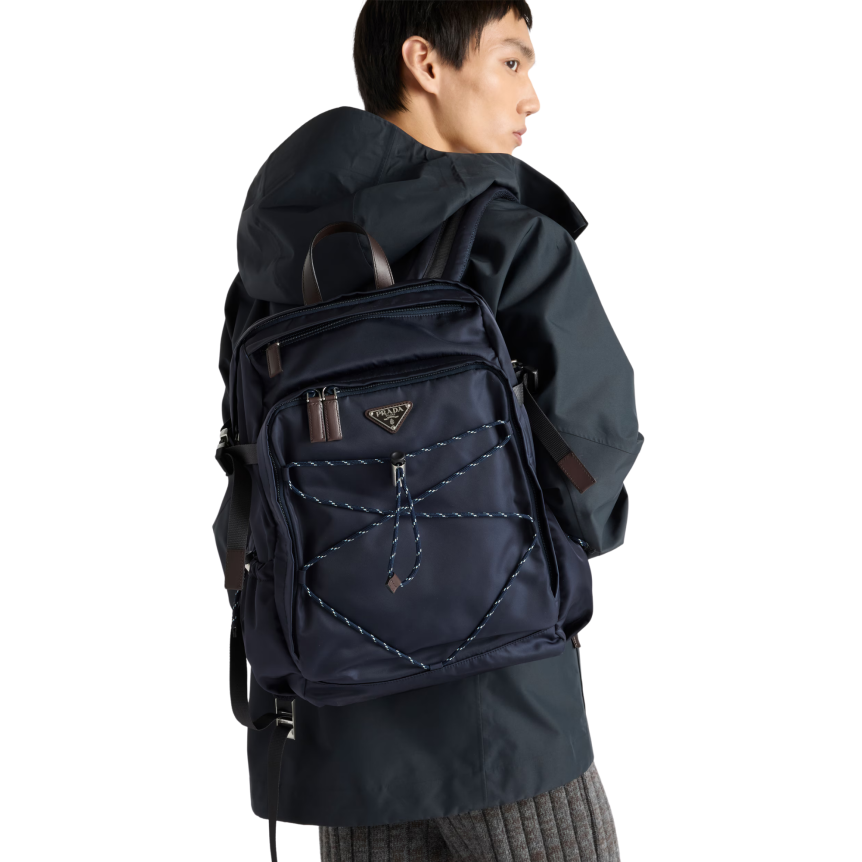 Sac à dos PRADA Speedrock Re Nylon bleu marine bordure cuir marron