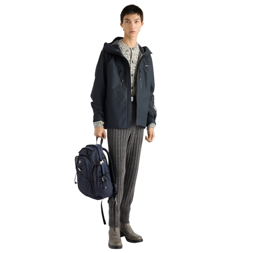 Sac à dos PRADA Speedrock Re Nylon bleu marine bordure cuir marron