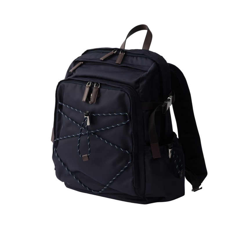 Sac à dos PRADA Speedrock Re Nylon bleu marine bordure cuir marron