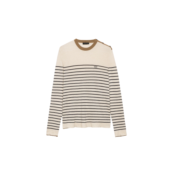 Pull col marin PRADA lin coton écru rayures bleu marine col marron
