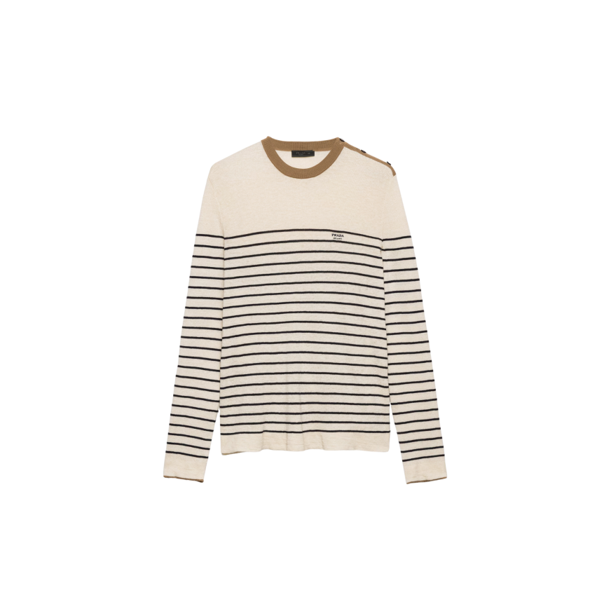 Pull col marin PRADA lin coton écru rayures bleu marine col marron