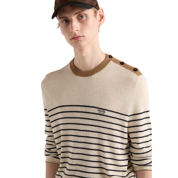 Pull col marin PRADA lin coton écru rayures bleu marine col marron