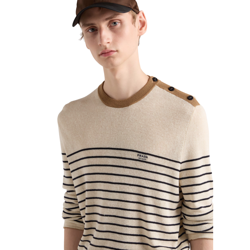 Pull col marin PRADA lin coton écru rayures bleu marine col marron