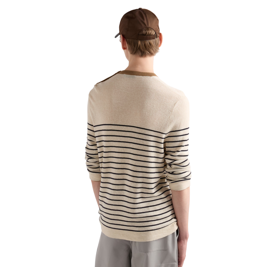 Pull col marin PRADA lin coton écru rayures bleu marine col marron