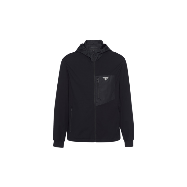 Sweat-shirt zippé cardigan PRADA coton technique Re-Nylon noir poche poitrine