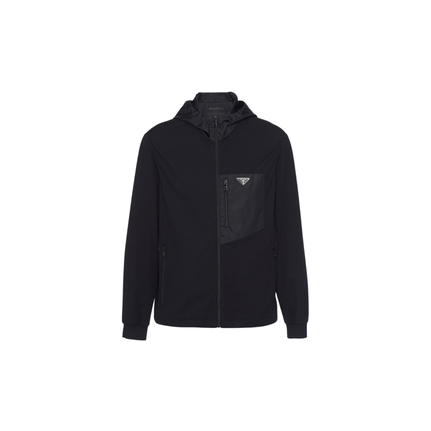 Sweat-shirt zippé cardigan PRADA coton technique Re-Nylon noir poche poitrine