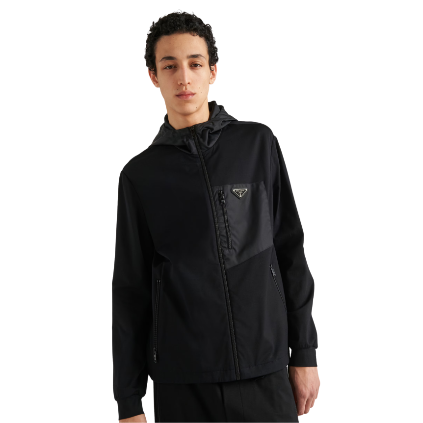 Sweat-shirt zippé cardigan PRADA coton technique Re-Nylon noir poche poitrine