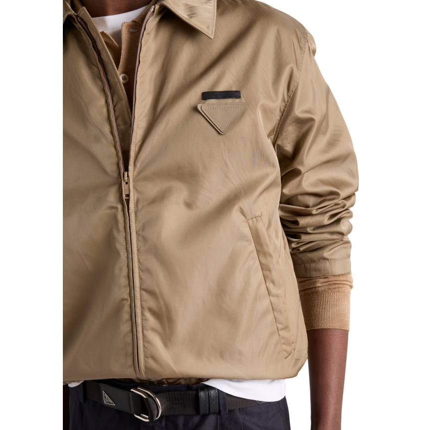 Blouson zippé à col PRADA Re nylon beige logo triangle tissu