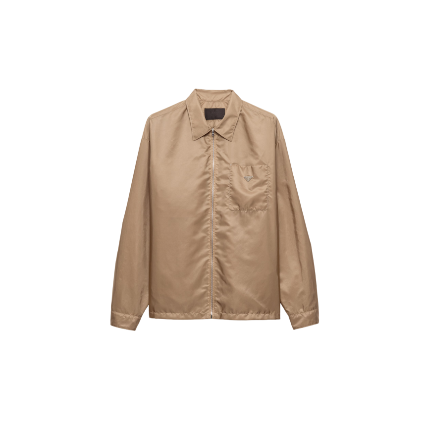 Chemise zippée PRADA à col Re nylon beige triangle métal émail poitrine