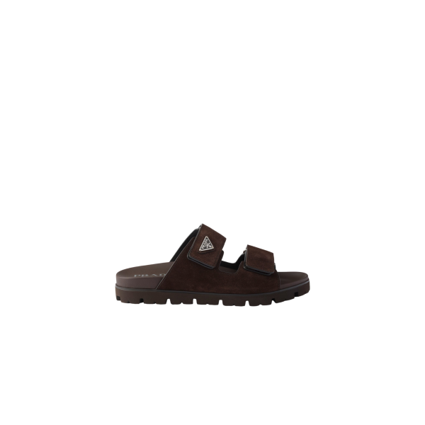Sandales à bande scratch PRADA cuir veau velours marron chocolat