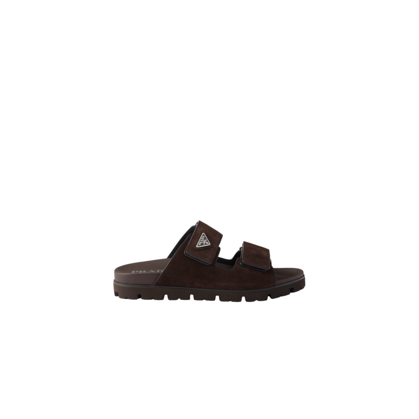 Sandales à bande scratch PRADA cuir veau velours marron chocolat