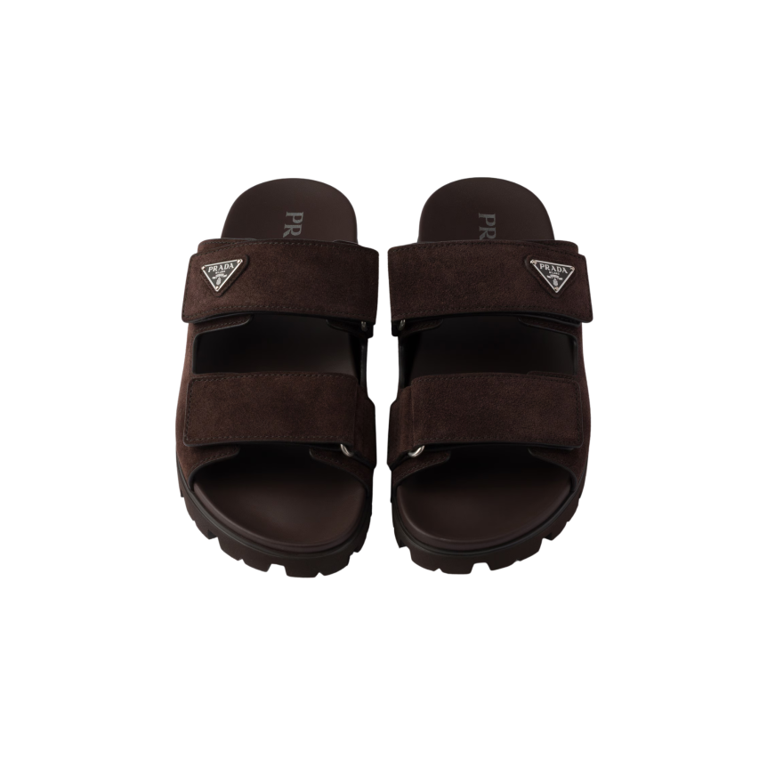 Sandales à bande scratch PRADA cuir veau velours marron chocolat