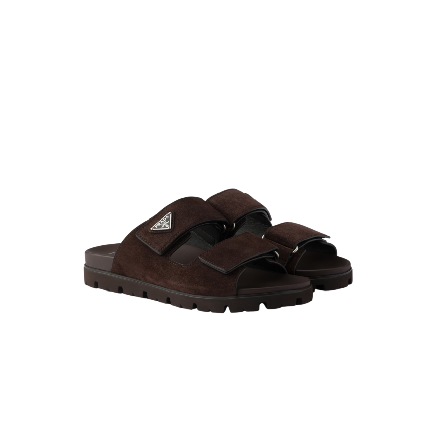 Sandales à bande scratch PRADA cuir veau velours marron chocolat