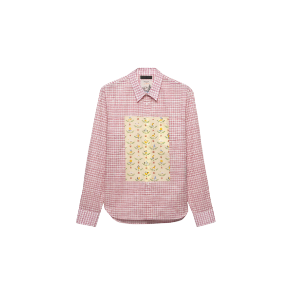 Chemise manche longue PRADA coton rouge carreaux plastron jaune fleurs