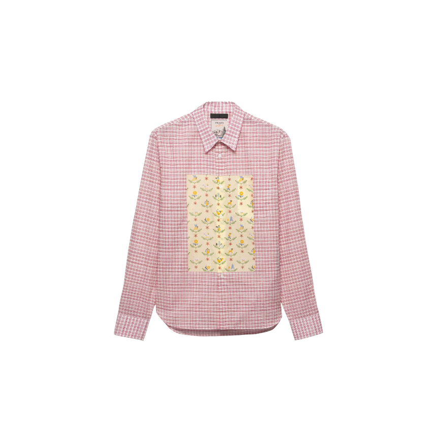 Chemise manche longue PRADA coton rouge carreaux plastron jaune fleurs