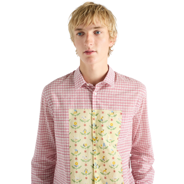 Chemise manche longue PRADA coton rouge carreaux plastron jaune fleurs