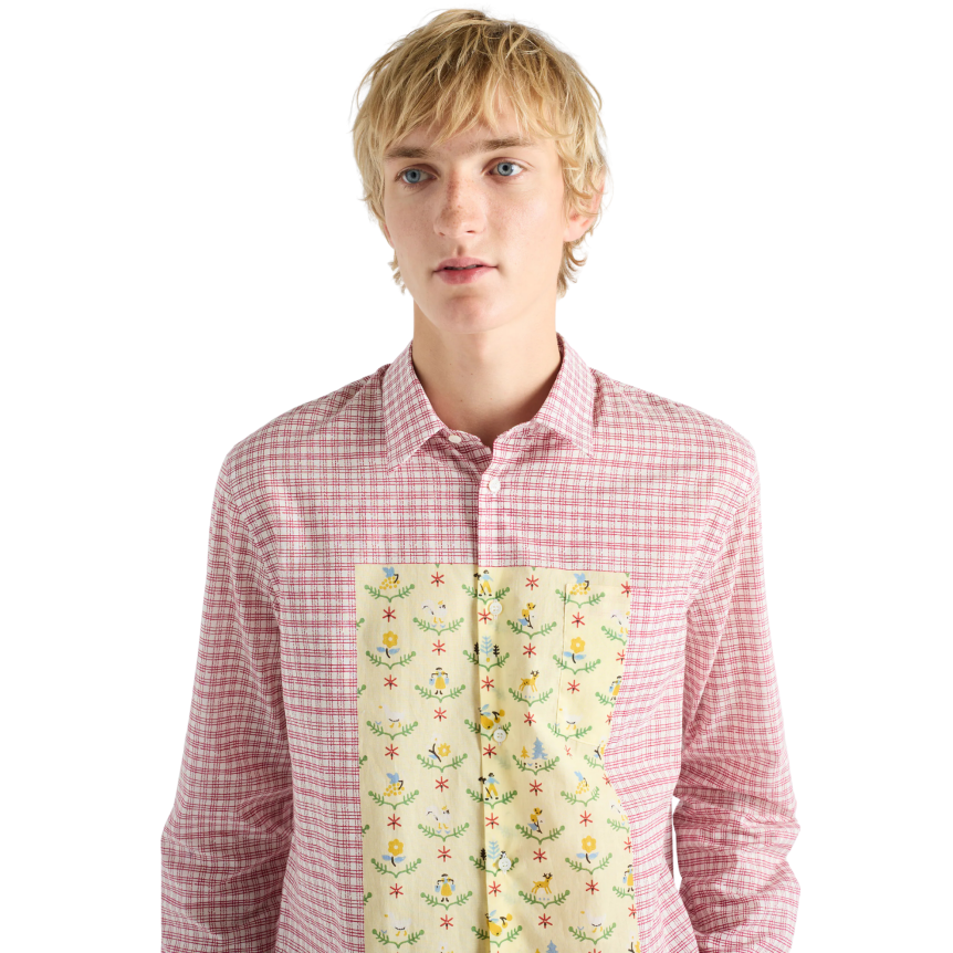 Chemise manche longue PRADA coton rouge carreaux plastron jaune fleurs