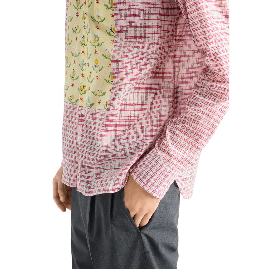 Chemise manche longue PRADA coton rouge carreaux plastron jaune fleurs