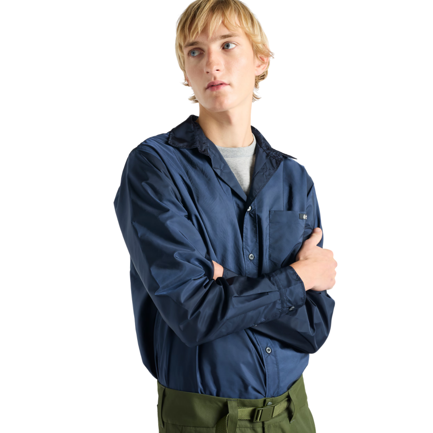 Chemise manche longue PRADA Re nylon bleu marine poche poitrine logo