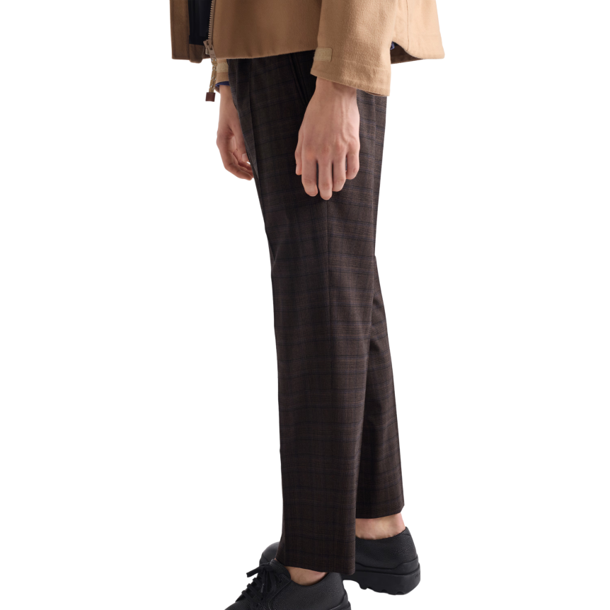 Pantalon ajusté PRADA laine marron carreaux Prince de Galles bleu