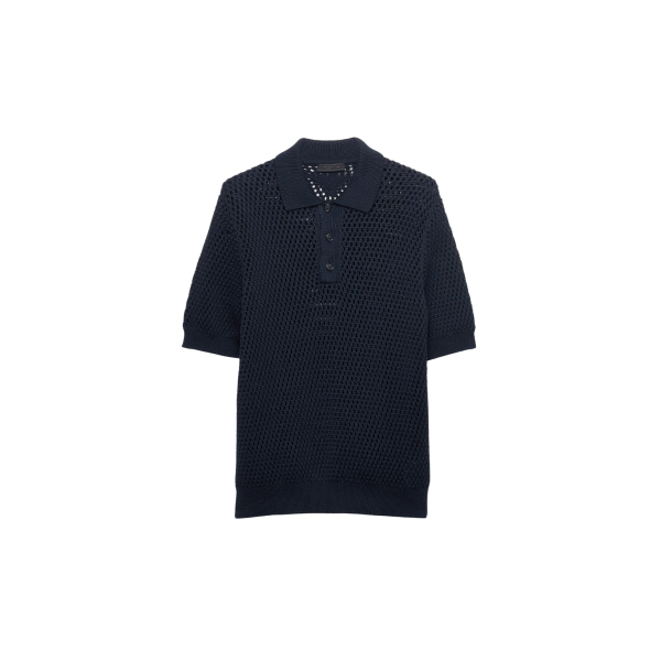 Pull manche courte PRADA col polo coton lin crochet ajouré bleu marine