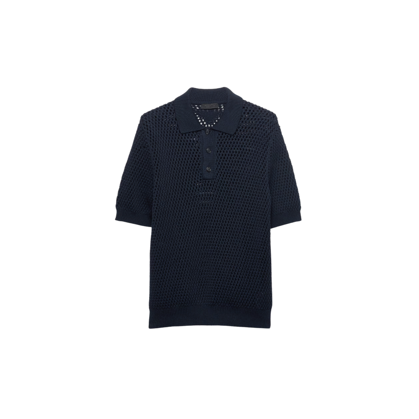 Pull manche courte PRADA col polo coton lin crochet ajouré bleu marine
