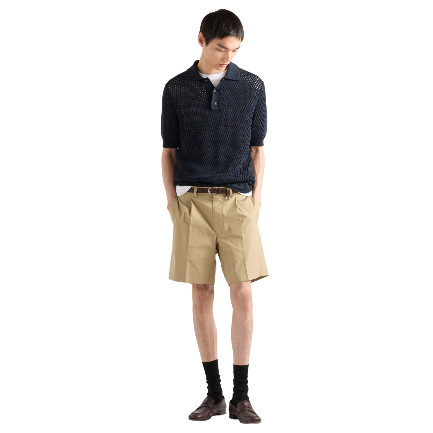 Pull manche courte PRADA col polo coton lin crochet ajouré bleu marine