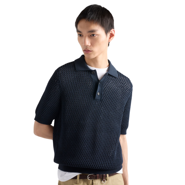 Pull manche courte PRADA col polo coton lin crochet ajouré bleu marine