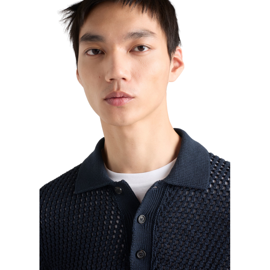 Pull manche courte PRADA col polo coton lin crochet ajouré bleu marine