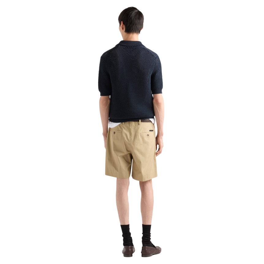 Pull manche courte PRADA col polo coton lin crochet ajouré bleu marine