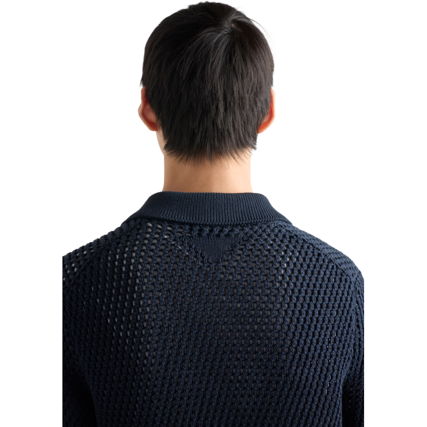 Pull manche courte PRADA col polo coton lin crochet ajouré bleu marine