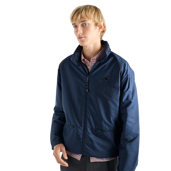 Coupe-vent à capuche PRADA Re nylon bleu marine doublé polaire