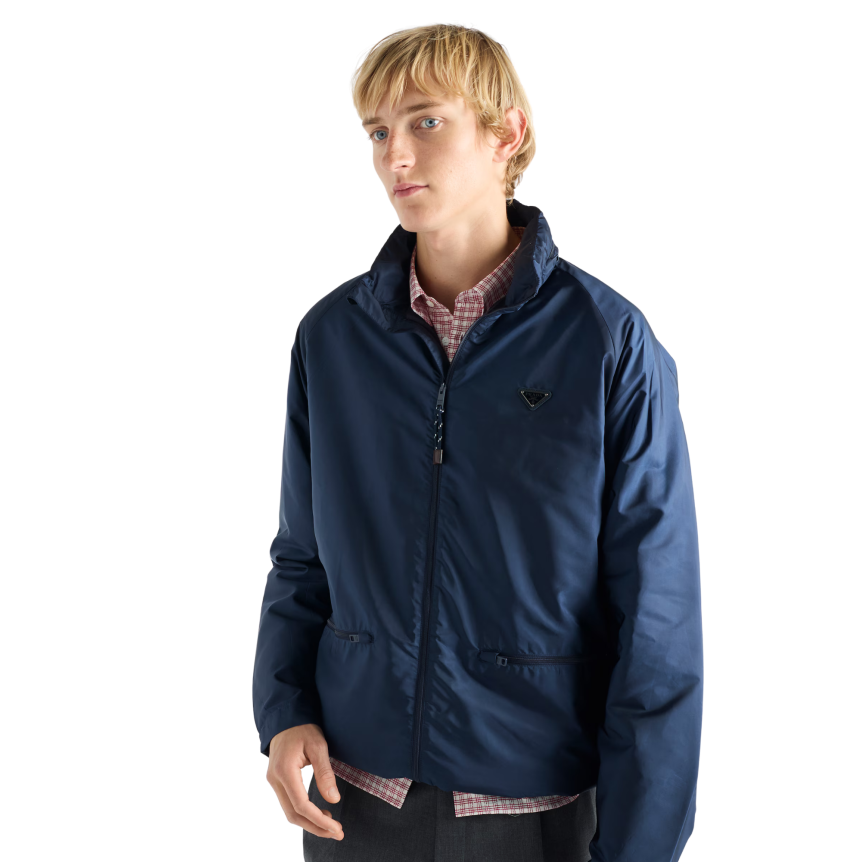 Coupe-vent à capuche PRADA Re nylon bleu marine doublé polaire