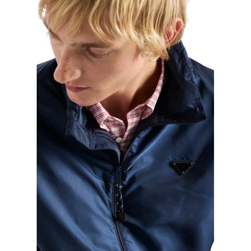 Coupe-vent à capuche PRADA Re nylon bleu marine doublé polaire