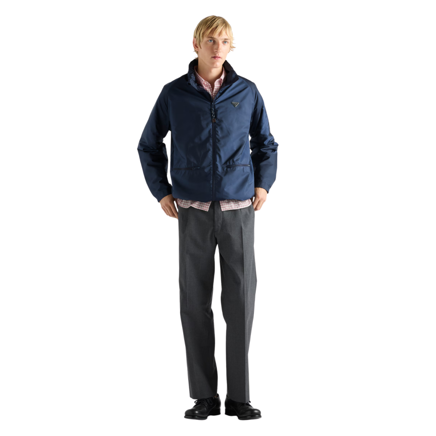 Coupe-vent à capuche PRADA Re nylon bleu marine doublé polaire