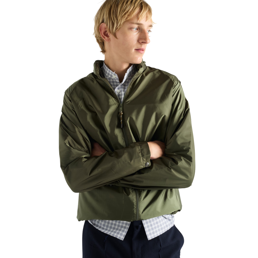 Coupe-vent à capuche PRADA Re nylon vert foret kaki doublé polaire