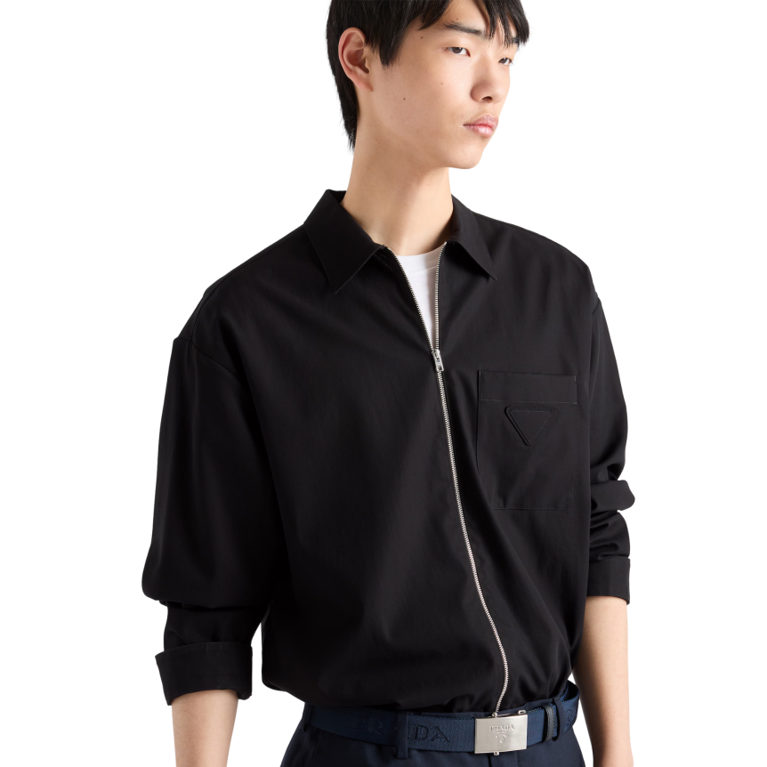 Chemise zippée PRADA coton noir triangle métal émail