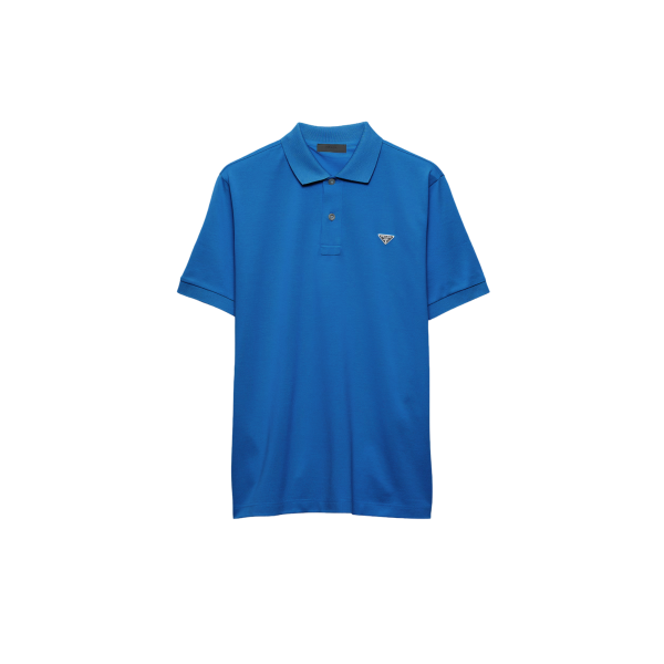 Polo manche courte PRADA piqué de coton bleu triangle métal poitrine