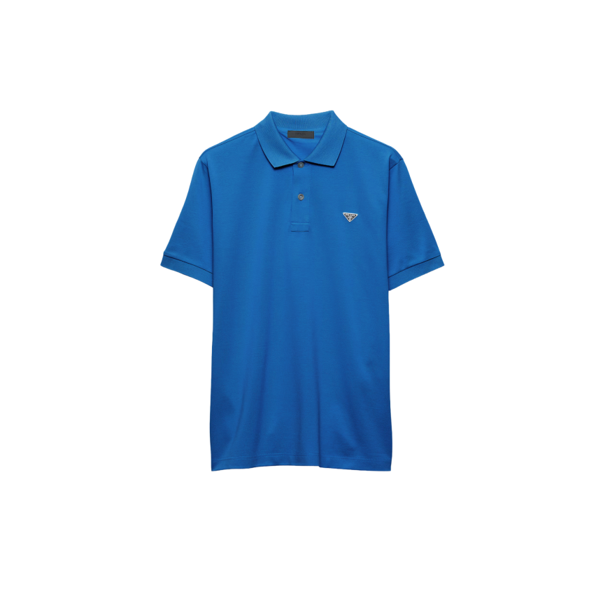 Polo manche courte PRADA piqué de coton bleu triangle métal poitrine