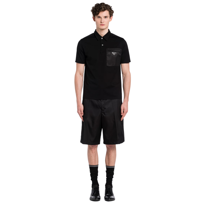 Polo manche courte PRADA coton stretch détail Re-Nylon noir
