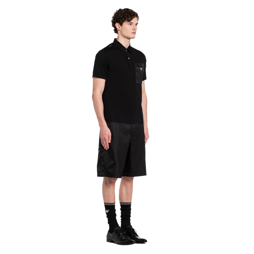 Polo manche courte PRADA coton stretch détail Re-Nylon noir